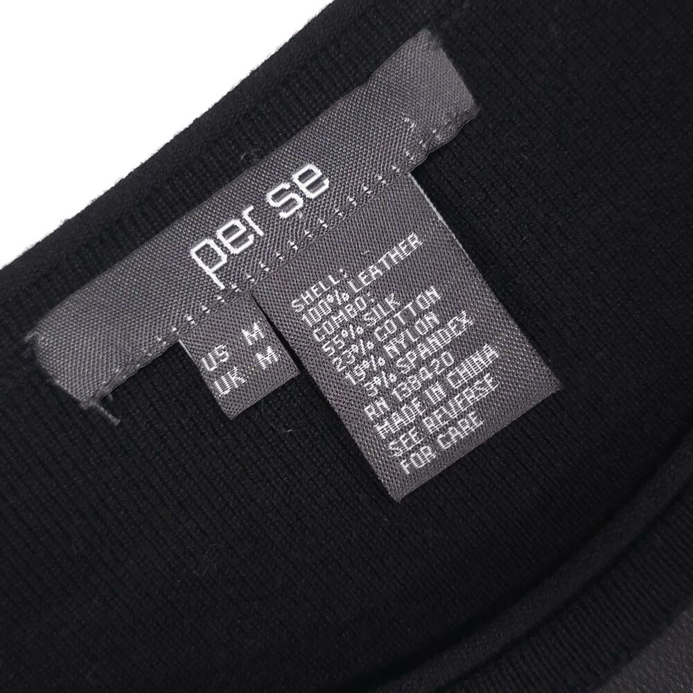 per se GENUINE LEATHER Women’s Top Sweater MEDIUM Black Combo SILK Blend Long Sl - Picture 2 of 9
